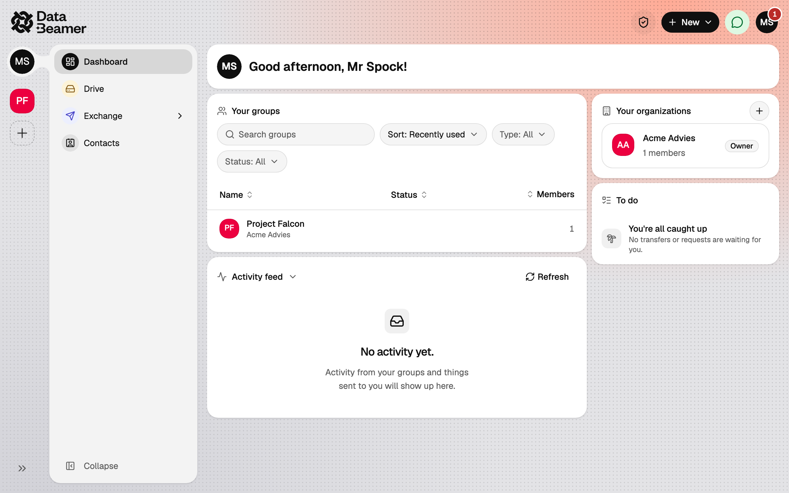 The dashboard with the sidebar on the left and the New button top right