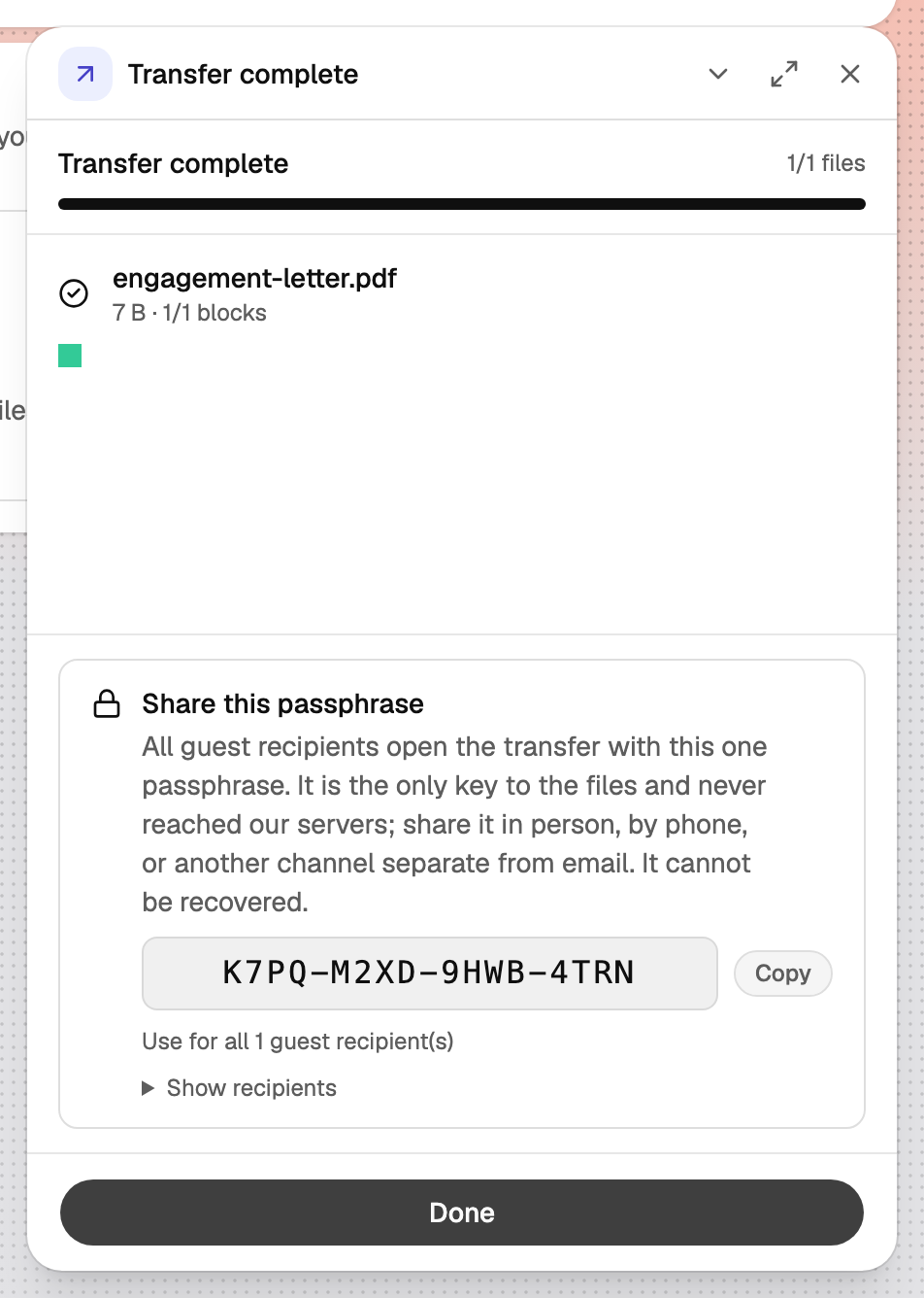 The Share this passphrase panel after sending