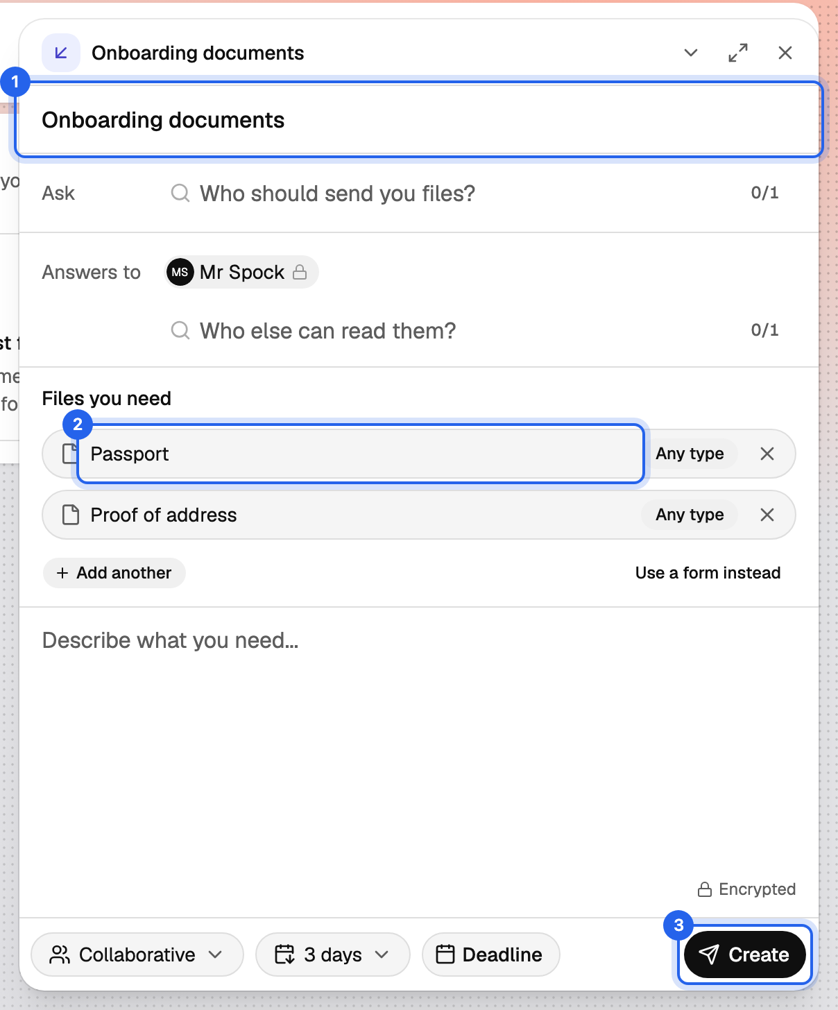 The New request window with a title and two file slots