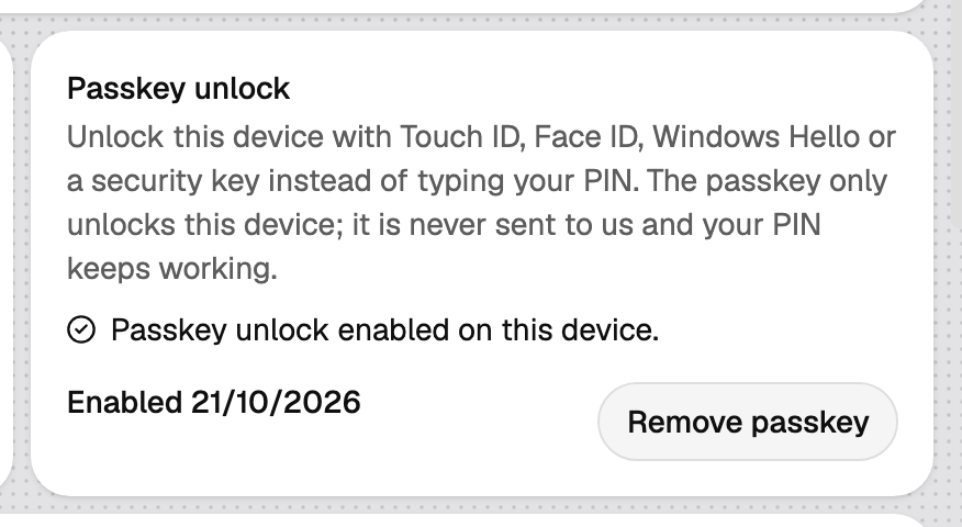 The Passkey unlock block, enabled on this device