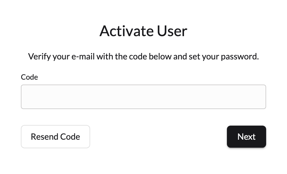 The Activate user page asking for the emailed code