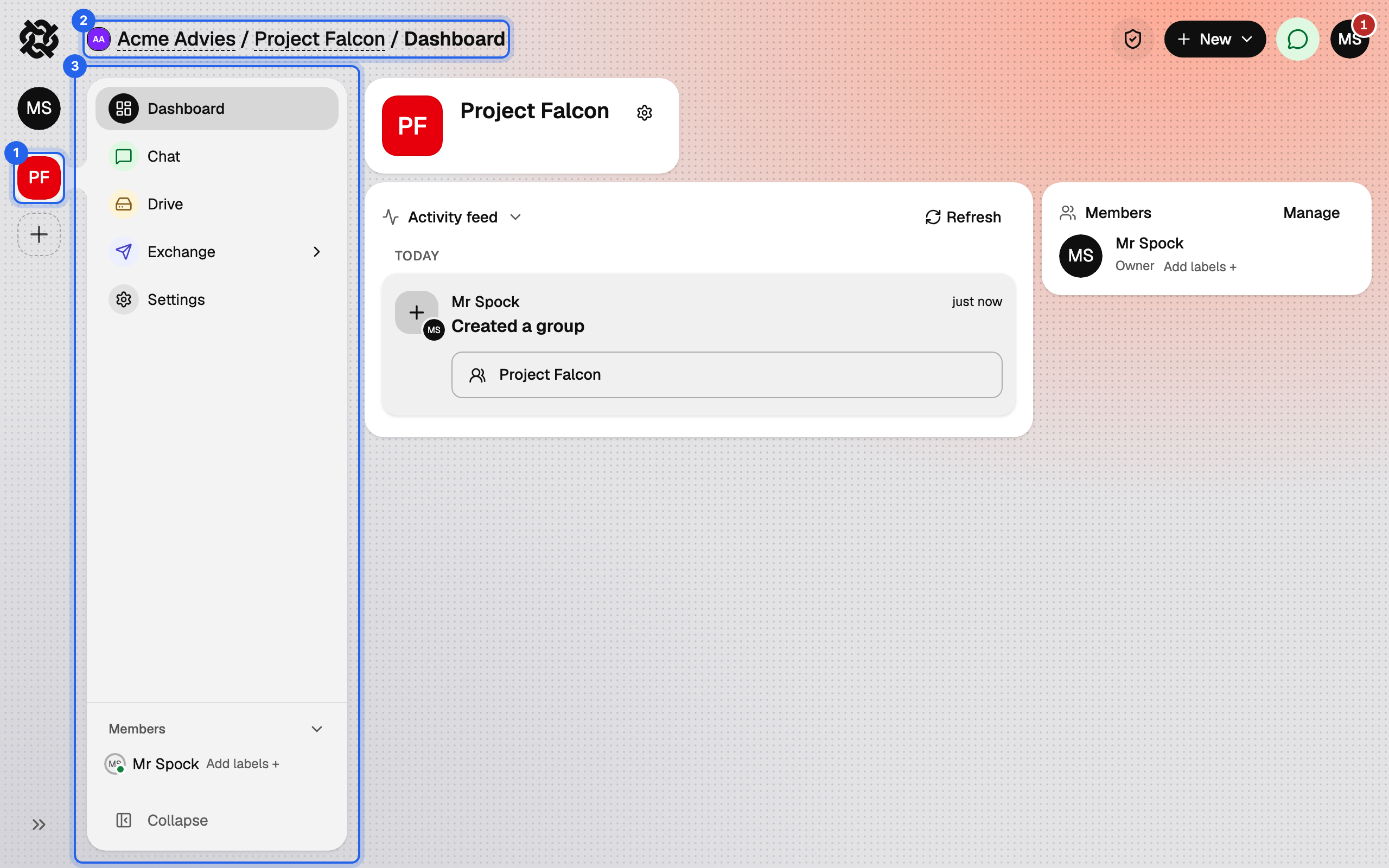 A group's dashboard with the active rail square, the breadcrumb trail and the group sidebar marked