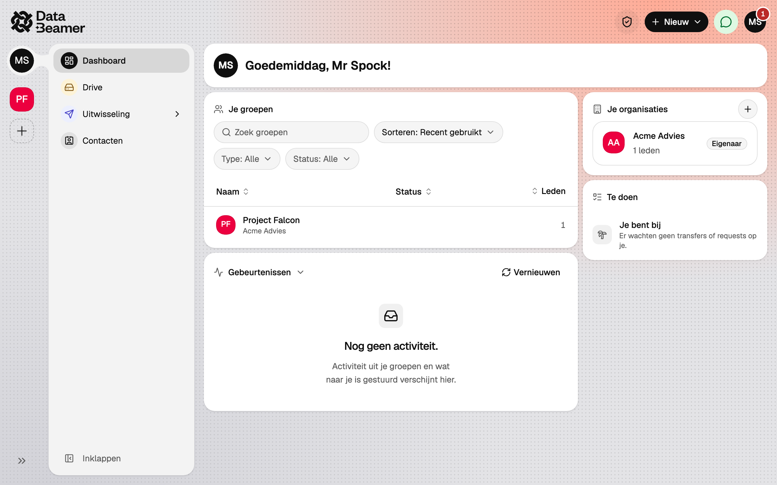 Het dashboard met de zijbalk links en de knop Nieuw rechtsboven