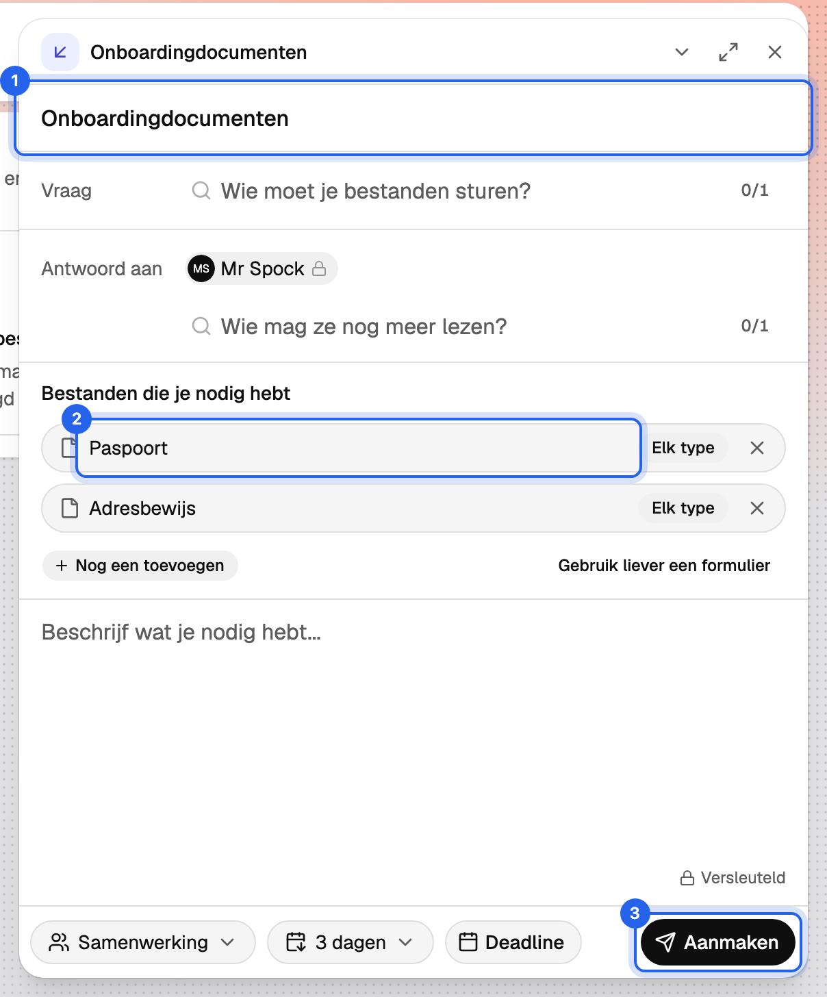 Het venster Nieuwe request met een titel en twee bestandsvakken