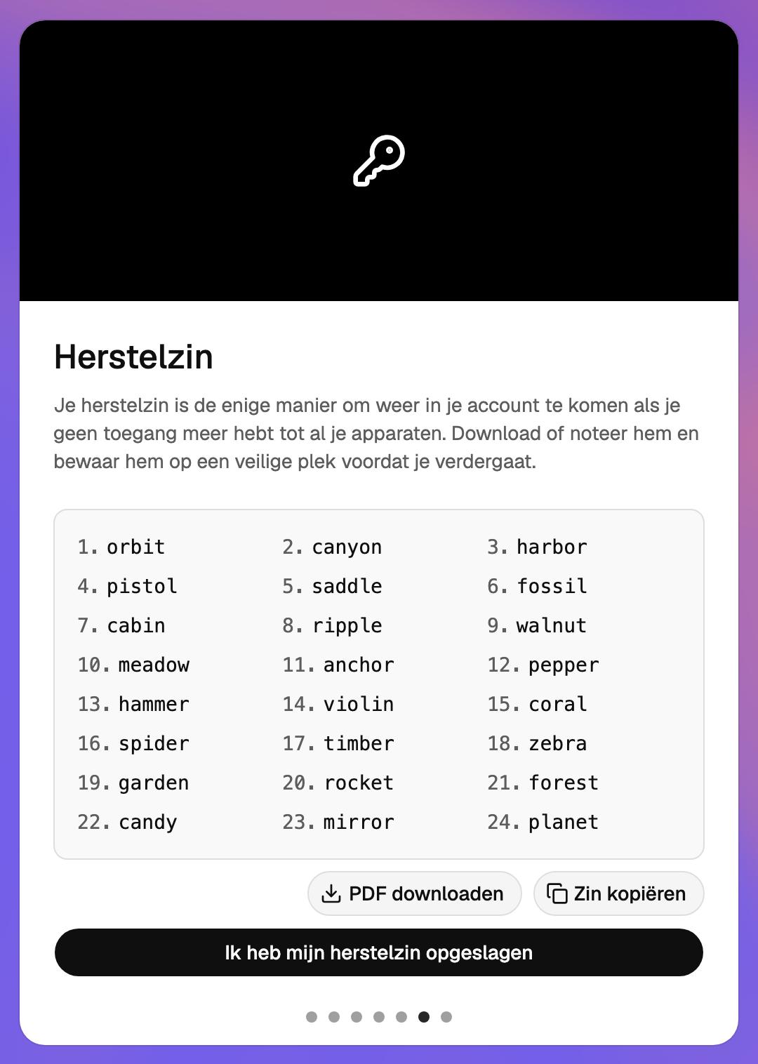 De stap Herstelzin met de 24 genummerde woorden