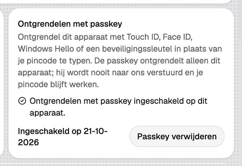 Het blok Ontgrendelen met passkey, ingeschakeld op dit apparaat