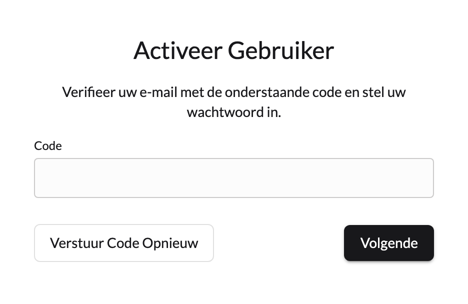 De pagina Activeer gebruiker die om de gemailde code vraagt